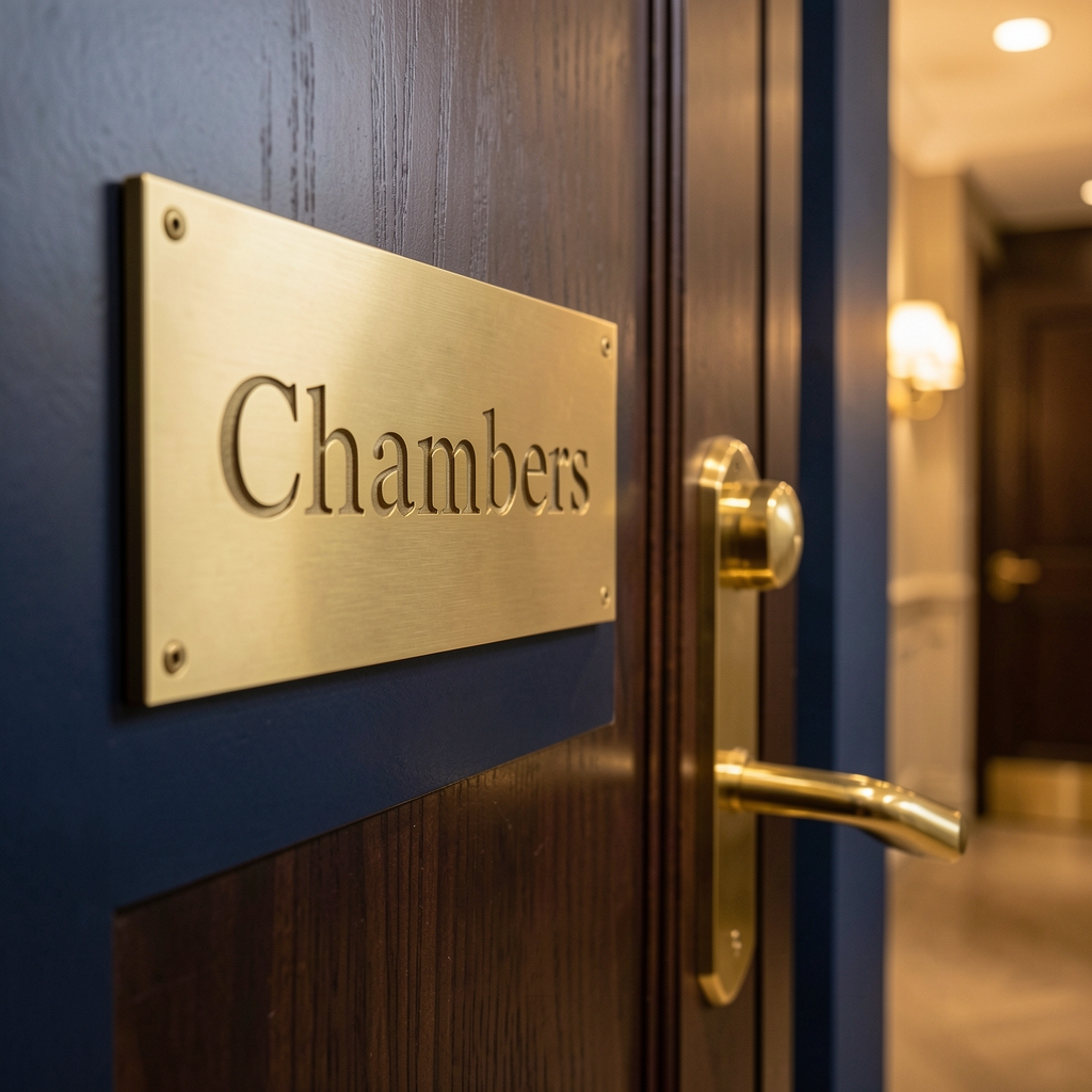 Brass nameplate on a dark wood door in a professional corridor