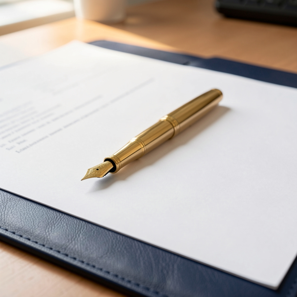 Gold fountain pen resting precisely on a white legal document