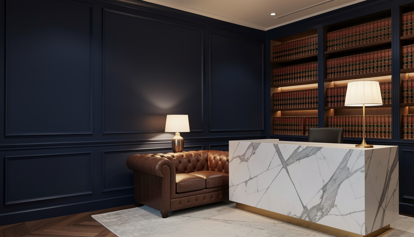Law firm office interior with navy walls, brass lighting, and leather furnishings
