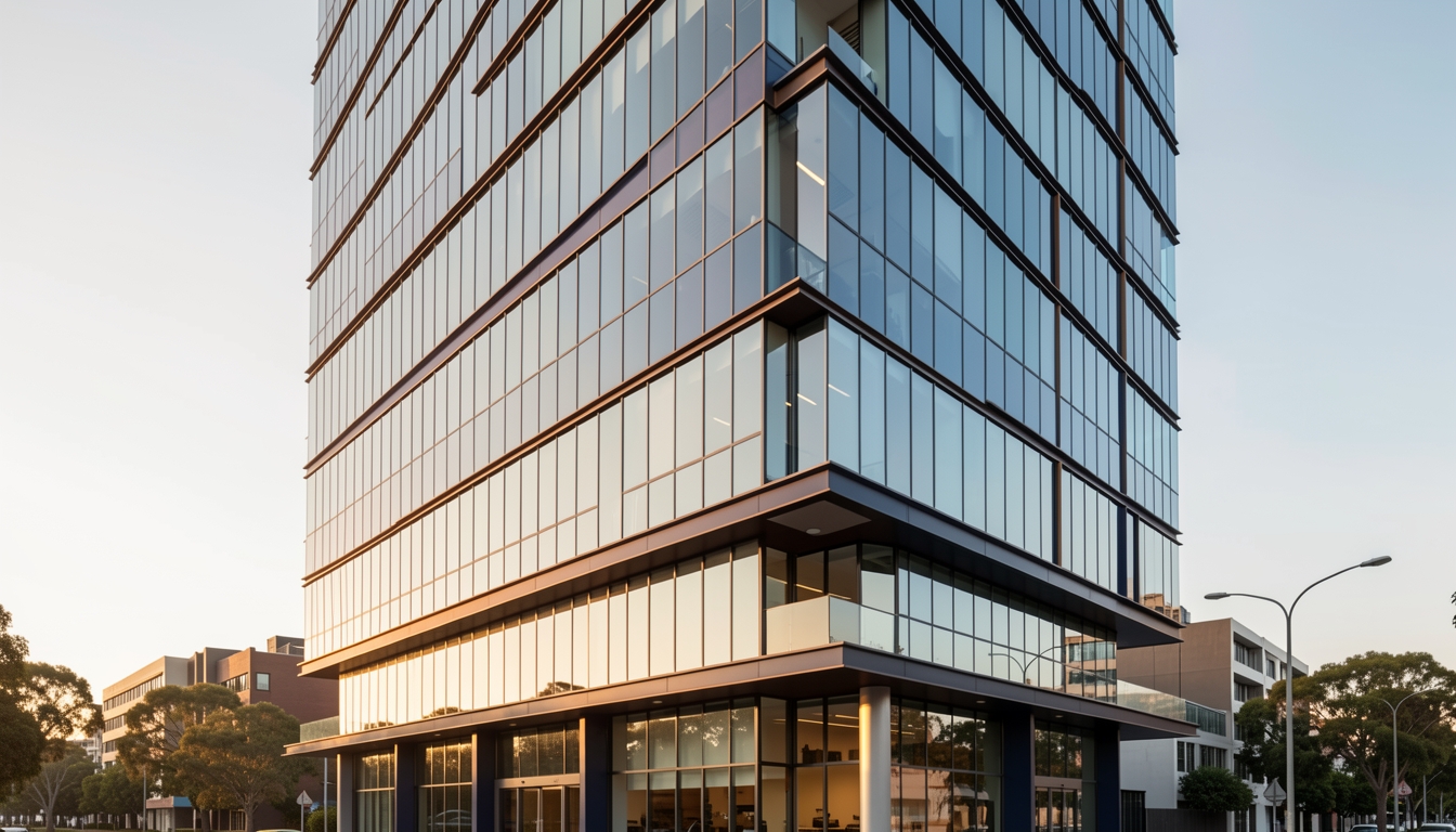 Modern glass office building exterior in Sydney with navy and bronze architectural accents