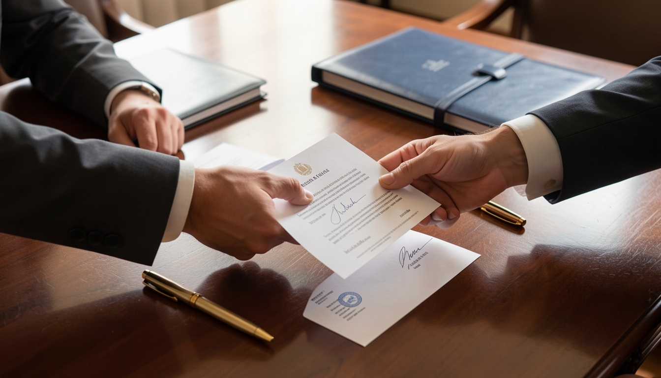 Close-up of hands exchanging a signed contract across a polished dark wood table