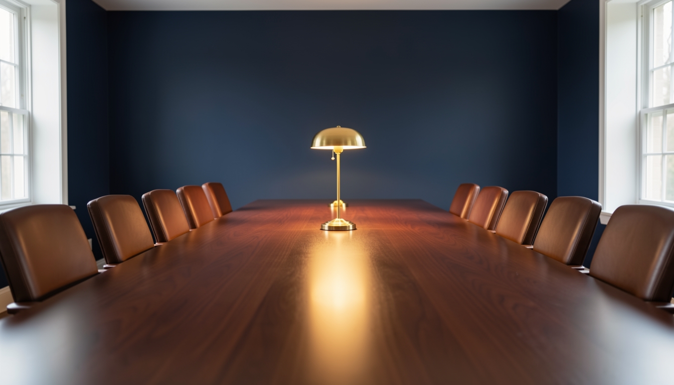Long polished boardroom table with leather chairs and a single brass lamp casting warm light