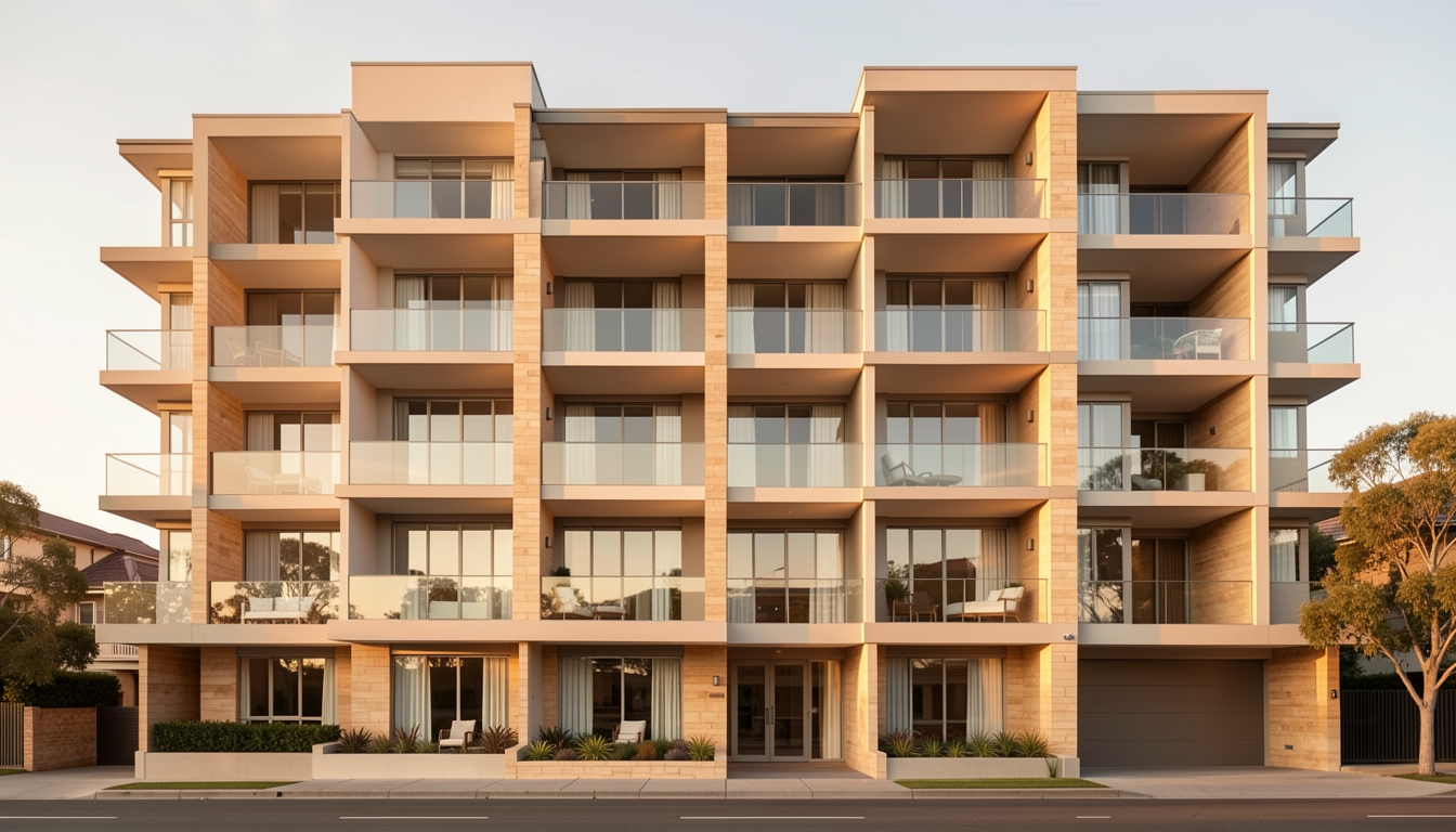 Modern residential apartment building facade in Sydney with clean geometric lines and warm sandstone accents