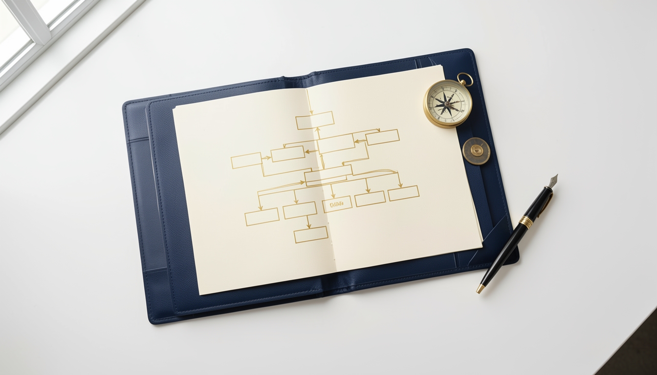 Navy leather portfolio open to a corporate structure diagram with a brass compass and fountain pen