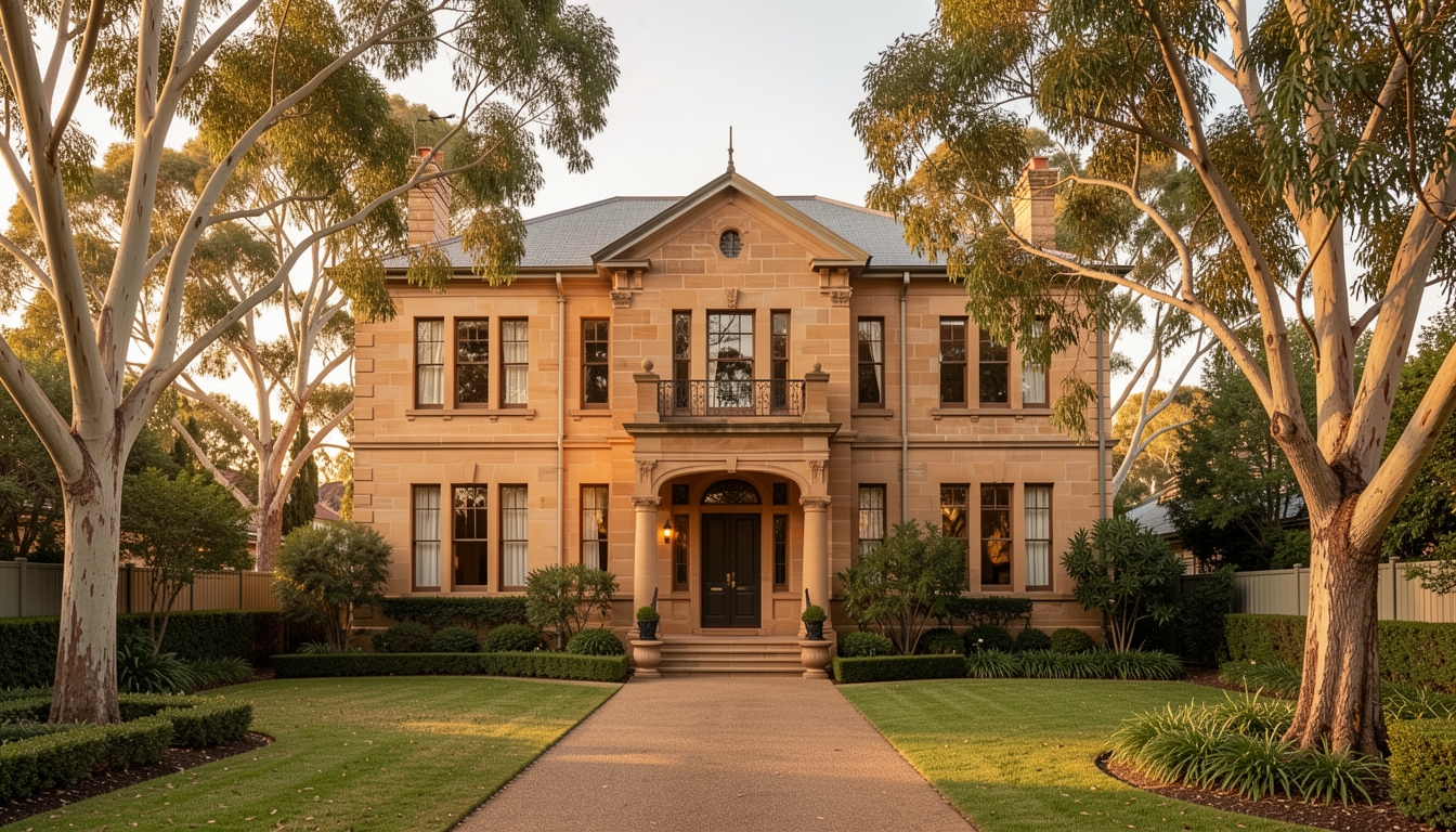 Heritage sandstone family home with established gardens and wrought iron details in warm golden light