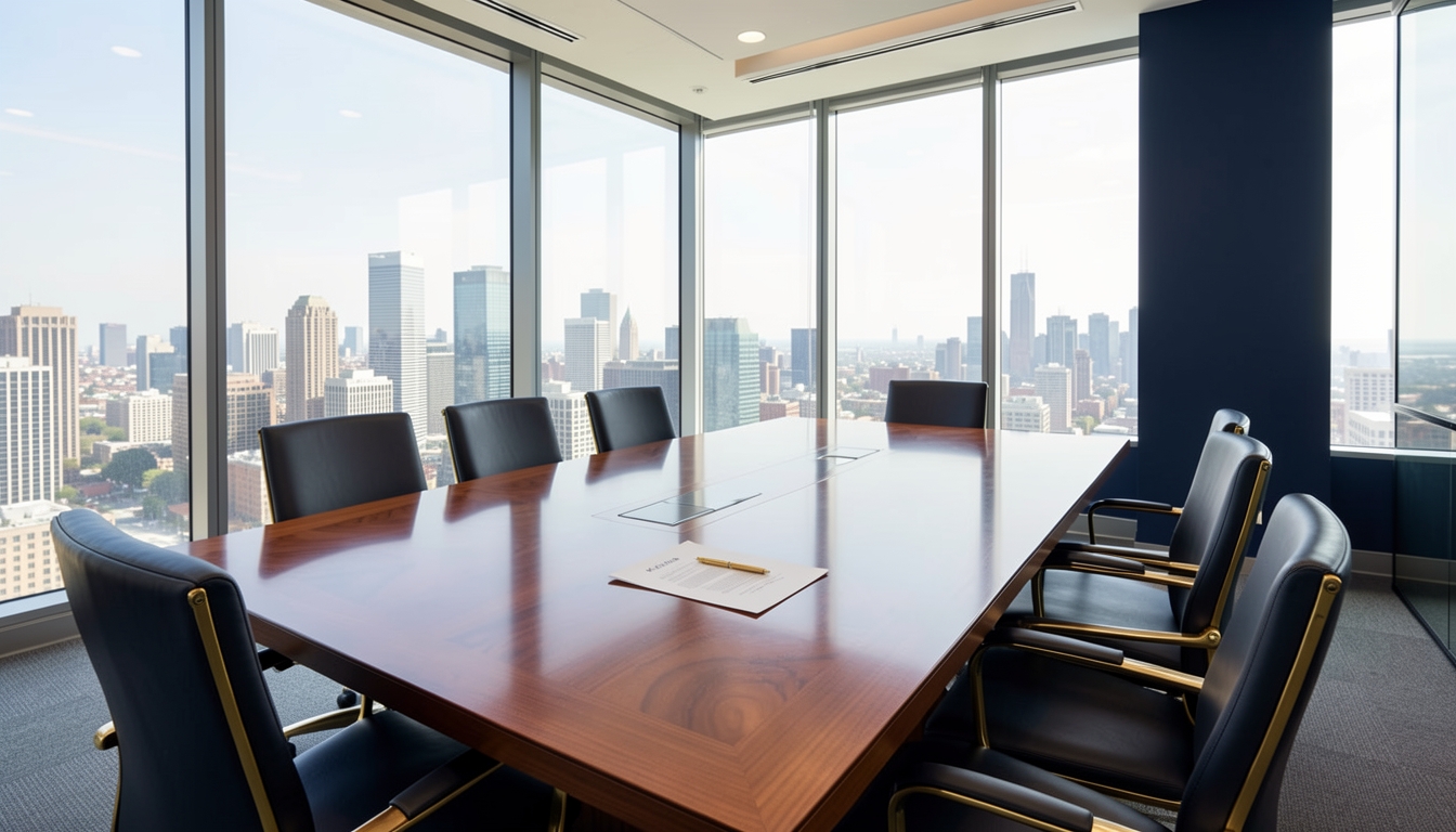 Modern glass boardroom with conference table and city skyline view
